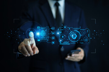 The businessman is using advanced AI technology and biometric security systems, such as fingerprint scanning, to enhance data protection and streamline digital operations.