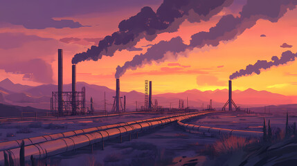 Industrial landscape with oil pipelines desert region environmental impact dusk setting wide-angle view energy production. Nightfall. Illustration