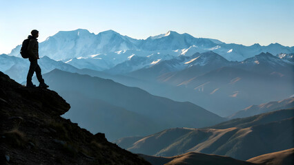 Fototapeta premium Hiker Standing on Edge of Cliff Overlooking Majestic Mountain Range