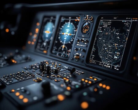 Closeup of the advanced avionics system with a 3D terrain map, guiding pilots through challenging terrain