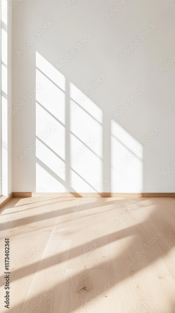 Aufkleber bright sunlight shining through window, creating shadows on white wall and wooden floor in empty roo