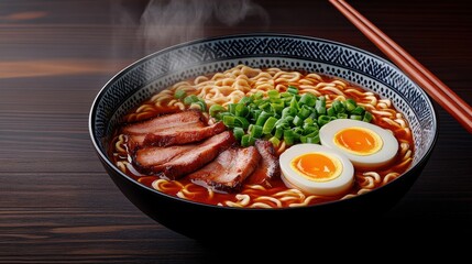 Fototapeta premium Delicious bowl of ramen with tender slices of pork, soft-boiled eggs, and fresh green onions served in a traditional ceramic bowl on a wooden table