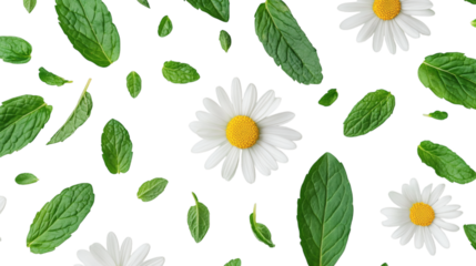 white daisy flower with fresh green mint leaves isolated on white transparent background
