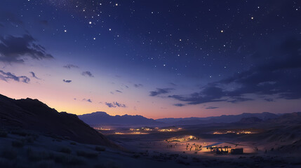 Stargazing event over desert landscape at dusk night sky photography tranquil environment wide-angle view. Nightfall. Illustration