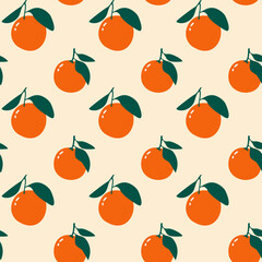 Orange mandarin tangerine fruit with leaves seamless pattern flat vector illustration