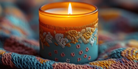 Burning candle with floral design on a colorful textile background creates a warm and inviting ambiance in a cozy setting