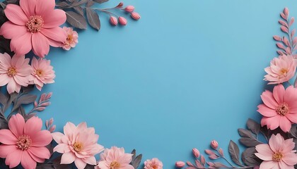 Fototapeta premium Blue background with flowers on the edges in pink but with some shades going from dark to lighter;
