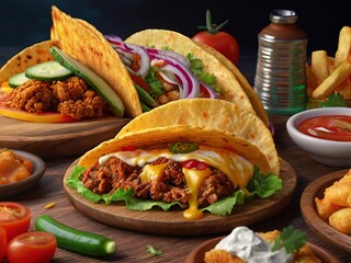 Delicious tasty fast food chicken and french fries promotion
