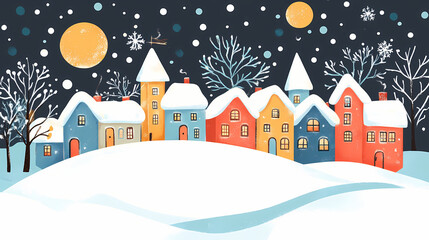 Fototapeta premium Vintage christmas village in snowy fairy tale scene. Nightfall. Illustration