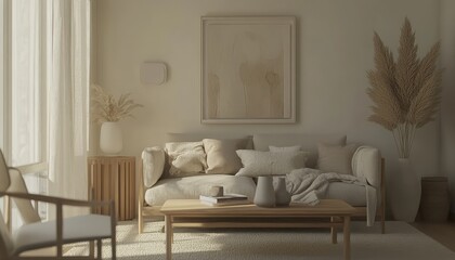 Serene Minimalist Living Room Interior Design Neutral Tones Cozy Sofa