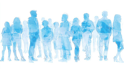 An abstract illustration showcasing a group of people, depicted with blue outlines against a clean white background.  Generative AI