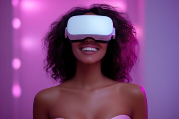 Fototapeta premium Smiling woman engages in virtual reality experience with headset in a vibrant setting during evening hours
