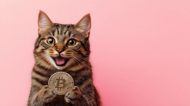 portrait of a cat with a bitcoin coin on a pink background, wealth, funny cat