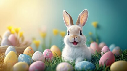 A happy Easter bunny surrounded by brightly colored decorated eggs sits in lush grass with a soft golden glow in the background.