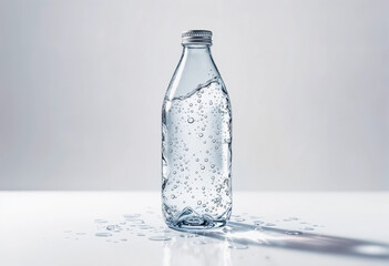 Effervescent Water Glistens in a Glass Bottle, Capturing the Essence of Refreshment and Clarity