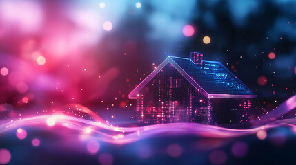 Futuristic smart home concept with a glowing digital wireframe house surrounded by vibrant neon lights, abstract bokeh, and dynamic wave patterns. Perfect for technology, real estate