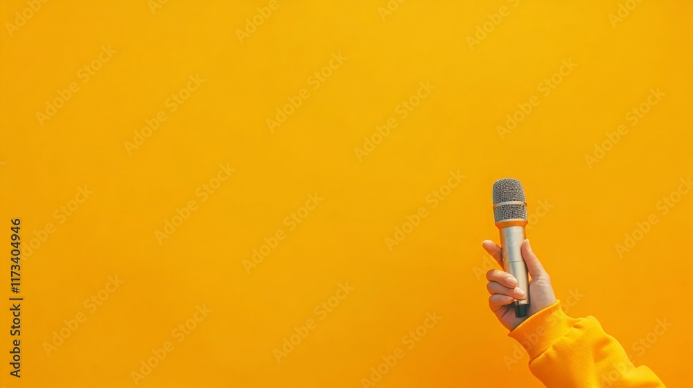 Poster hand holding a microphone on a vibrant orange background, providing ample copy space for text or des