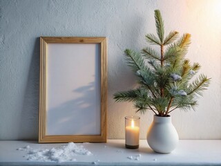 Minimalist Scandinavian Christmas Interior: Blank Wooden Frame Mockup, Winter Art Display