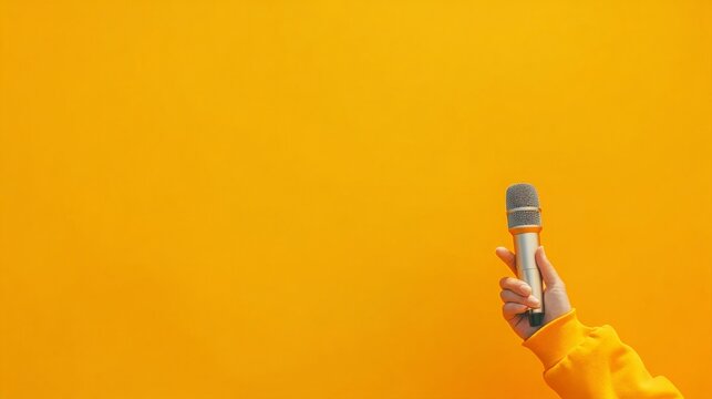 Hand holding a microphone on a vibrant orange background, providing ample copy space for text or design elements, ideal for music, podcasting, or communication related projects