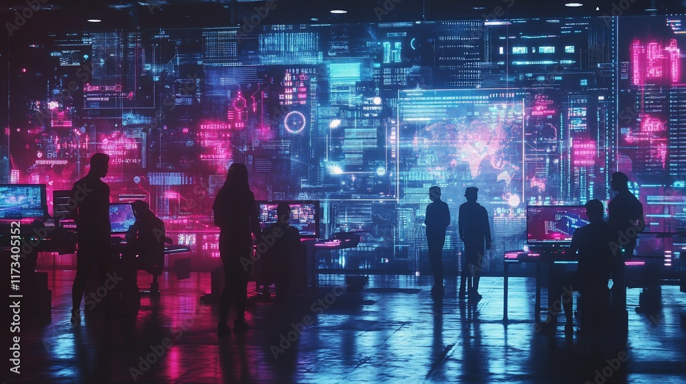 Poster Silhouetted figures in a futuristic control room analyzing data displayed on large screens.