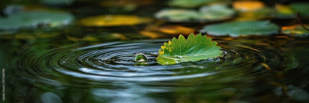 Poster green leaf falling into calm water, creating concentric ripples.