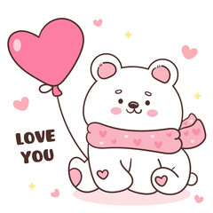 polar bear cub holding heart balloon valentine animal greeting card kawaii cartoon