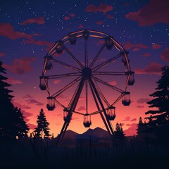 A large Ferris wheel is silhouetted against a beautiful sunset