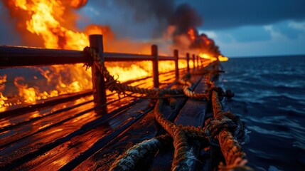 Obraz premium Pier engulfed in flames during twilight hours, showcasing intense fire and smoke against a darkening sky over the ocean