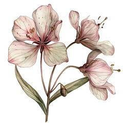 Vintage watercolor flower and wildflowers isolated on white background, old botanical illustration
