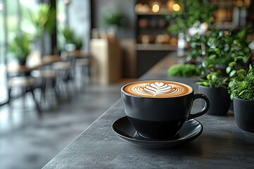 Latte art in a modern cafe setting. Enjoy a moment of calm with a perfectly crafted coffee.