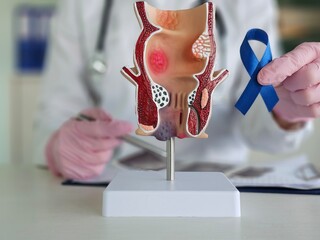 Doctor holding Blue ribbon with human Colon anatomy model concept