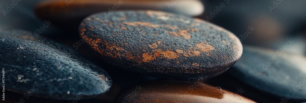 Aufkleber close-up of dark-colored, oval-shaped stones with textured surfaces and subtle color variations.