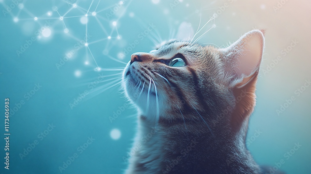 Aufkleber Curious tabby cat looking up at a network of glowing nodes, suggesting intelligence, technology, or mystery.