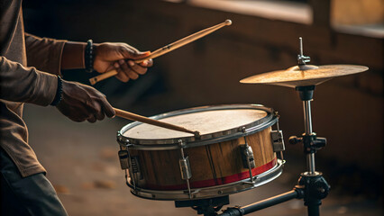 Fototapeta premium Close-up of Hands Playing Drum in Warm Atmospheric Lighting