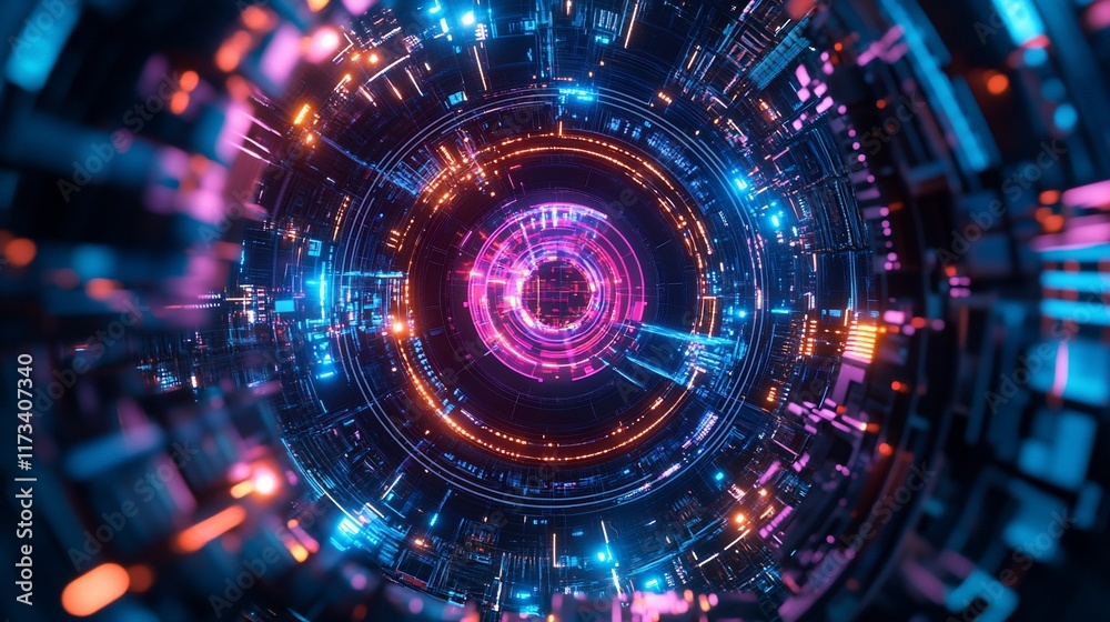 Poster Abstract digital tunnel with glowing neon lights and circuit board elements.