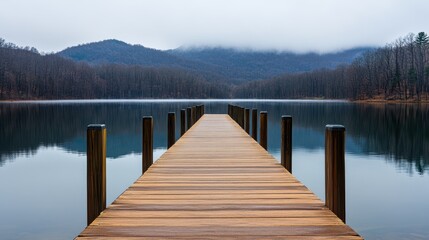 Naklejka premium A wooden pier stretches into a tranquil lake surrounded by misty mountains, inviting peaceful reflection and serene contemplation.