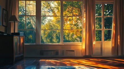Fototapeta premium Warm Sunlit Room with Large Windows and Verdant Outdoor View