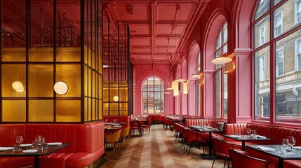 Elegant pink restaurant interior with red booths, arched windows, and geometric dividers.