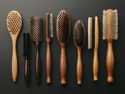hairbrush collection wooden hairbrushes various types dark background
