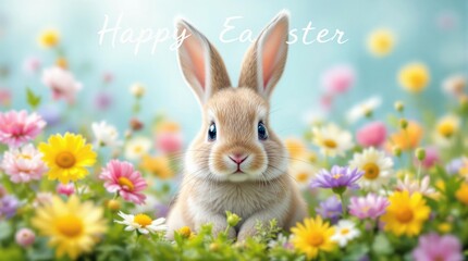 Fototapeta premium Realistic stock illustration of an adorable Easter Bunny surrounded by vibrant, colorful spring flowers, holding a decorated egg, with the text Happy Easter in elegant, cheerful lettering