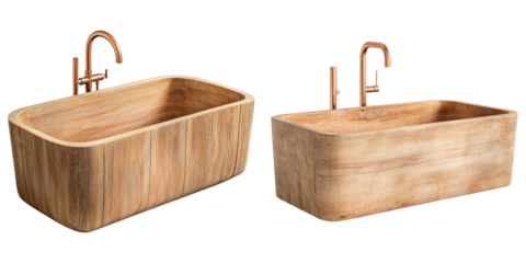 Luxurious wooden bathtubs with visible grain texture and modern faucets