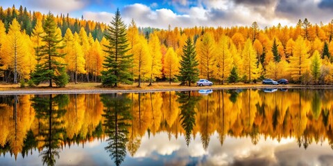 Fototapeta premium Minnesota Autumn: Double Exposure of Golden Tamarack & Evergreen Pines at Lake Itasca