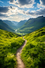 Breathtaking View of Serene Highland Hiking Trail Awash with Untouched Natural Beauty.