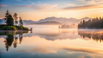 Fototapeta premium Misty Mountain Lake Sunrise: Minimalist Serenity