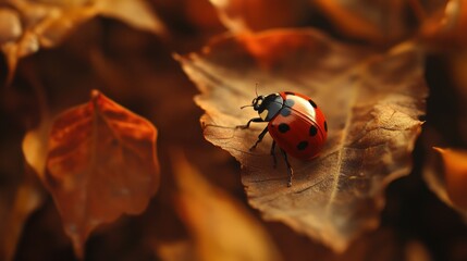 Small ladybug on dry leaf