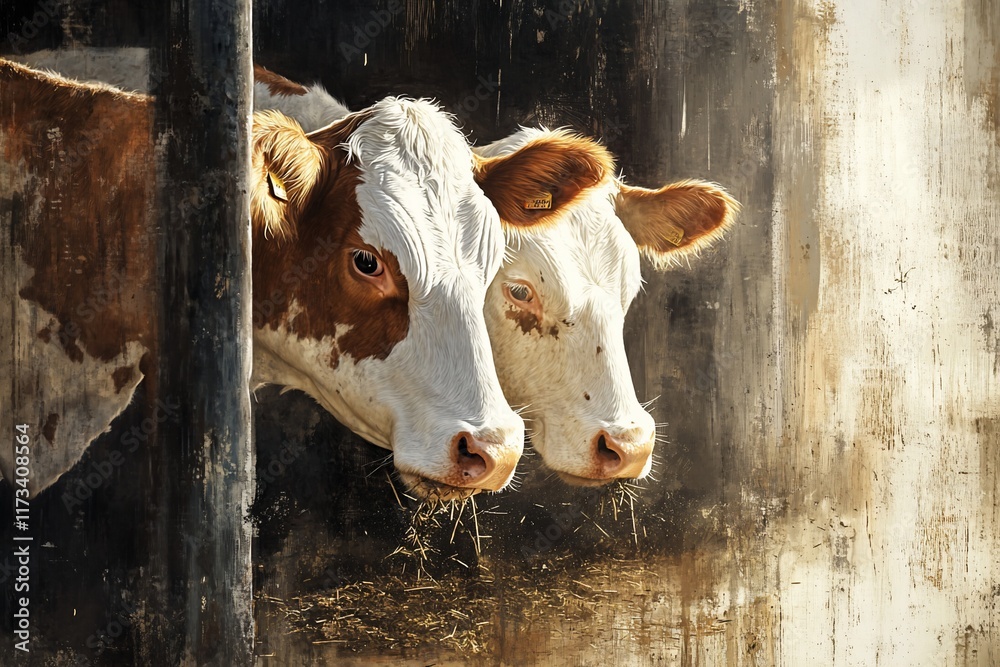 Poster two brown and white cows stand side-by-side in a barn, looking towards the viewer.