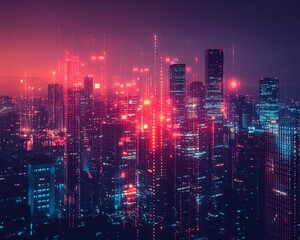 Fototapeta premium Cityscape at night with digital world finance concept, double exposure effect, glowing data, financial symbols over urban skyline, modern tech aesthetics, vibrant neon hues