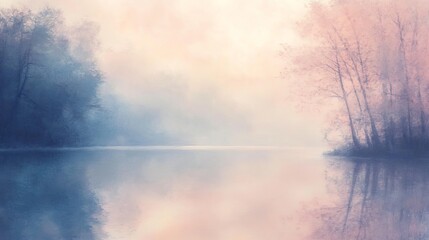 Fototapeta premium A serene misty morning unfolds at a tranquil lake, featuring soft reflections of pastel hues. Captivating trees emerge from the fog, creating a peaceful natural scene.