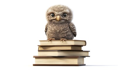 Obraz premium Cute fluffy owl chick sits on stack of books.