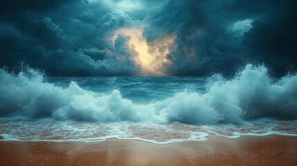 Dramatic ocean waves crashing on a beach at night under a stormy sky.